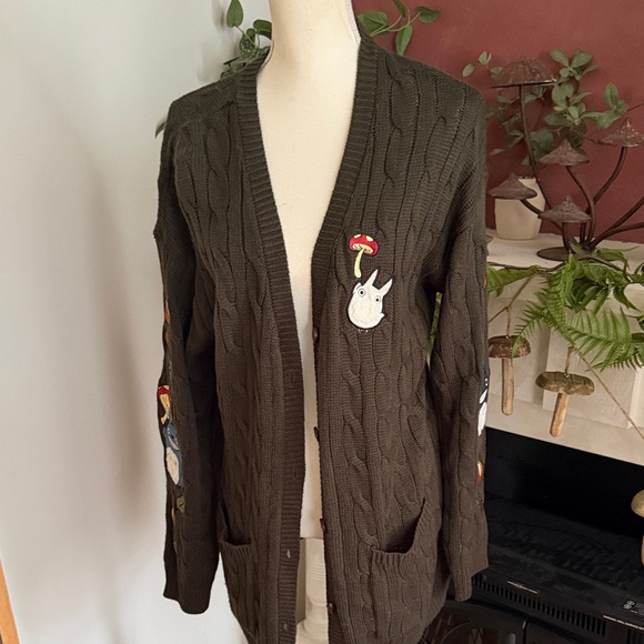 Olive green Totoro hot topic Cardigan with Cute Patches - Picture 3 of 6